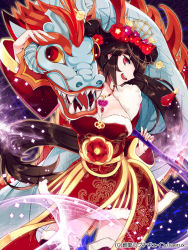 Rule 34 | 1girl, bad id, bad pixiv id, breasts, brown hair, chinese clothes, cleavage, dragon, eastern dragon, flower, hair flower, hair ornament, joypyonn, long hair, looking at viewer, original, ponytail, red eyes, solo, sousei ragnavein