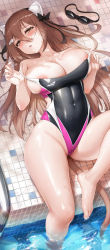 Rule 34 | 1girl, absurdres, animal ears, areola slip, bad id, bad pixiv id, blush, breasts, brown eyes, brown hair, cat ears, cleavage, clothes pull, competition swimsuit, covered navel, goggles, hair ornament, hair ribbon, hairclip, highres, large breasts, long hair, looking at viewer, lying, niliu chahui, obaoba (monkeyix), on back, one-piece swimsuit, one-piece swimsuit pull, open mouth, original, pool, ribbon, solo, swimsuit, water, wet