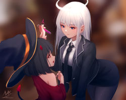 Rule 34 | 2girls, aged down, angel and devil, angel girl (shimmer), arm up, artist name, bent over, black-haired demon girl (shimmer), black hair, black headwear, black necktie, black skirt, blue eyes, blurry, blurry background, collared shirt, commentary, demon girl, demon horns, demon tail, halo, hat, highres, holding, holding another&#039;s wrist, horns, long hair, looking at another, medium hair, multiple girls, necktie, original, pantyhose, potion, red horns, red shirt, shimmer, shirt, signature, skirt, smile, symbol-only commentary, tail, white hair, white shirt, witch hat, yuri