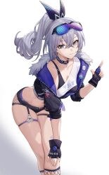 Rule 34 | 1girl, bare legs, bent over, black gloves, black jacket, black shorts, bow, breasts, cbmus, collarbone, crossed bangs, finger gun, fingerless gloves, fur-trimmed jacket, fur trim, gloves, goggles, goggles on head, grey eyes, grey hair, hair bow, high ponytail, highres, honkai: star rail, honkai (series), jacket, long hair, looking at viewer, midriff, navel, shirt, short shorts, shorts, silver wolf (honkai: star rail), simple background, single-shoulder shirt, single strap, skindentation, small breasts, smile, solo, thigh strap, thighs, white background
