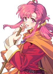 Rule 34 | 1girl, ahoge, blush, brooch, cape, ethlyn (fire emblem), fire emblem, fire emblem: genealogy of the holy war, folded ponytail, highres, holding, holding staff, jewelry, long hair, long sleeves, looking at viewer, nintendo, open mouth, parted bangs, pink eyes, pink hair, scabbard, sheath, sheathed, sidelocks, simple background, smile, solo, staff, sword, upper body, wakatou, weapon, white background, yellow cape