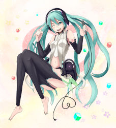 Rule 34 | 1girl, ;), akagi kiyo, aqua eyes, aqua hair, bad id, bad pixiv id, barefoot, black thighhighs, blush, breasts, cable, detached sleeves, garter straps, hatsune miku, hatsune miku (append), headphones, long hair, microphone, navel, one eye closed, small breasts, smile, solo, tattoo, thighhighs, twintails, very long hair, vocaloid, vocaloid append, wink