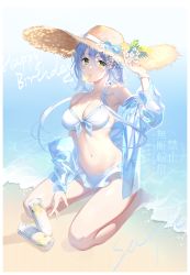 Rule 34 | 1girl, arm up, bare shoulders, beach, bikini, blush, breasts, brown hat, can, chinese commentary, cleavage, commentary, flower, food in mouth, front-tie bikini top, front-tie top, green eyes, hair between eyes, hand on headwear, happy birthday, hat, hat flower, highres, jacket, long sleeves, looking at viewer, luo tianyi, medium breasts, mouth hold, off shoulder, open clothes, open jacket, sample watermark, sand, see-through, seiza, sitting, solo, straw hat, swimsuit, translation request, vocaloid, vsinger, water, watermark, white bikini, white flower, yu jiu