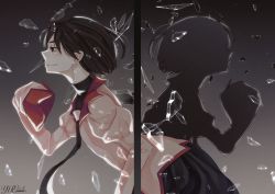 Rule 34 | 1girl, absurdres, artist name, black eyes, black necktie, black skirt, breaking, breasts, broken glass, closed mouth, commentary, doppelganger, dual persona, english commentary, glass, gradient background, grey background, hair strand, highres, leaning forward, long sleeves, looking ahead, monogatari (series), naoetsu high school uniform, necktie, oshino ougi, pale skin, pink shirt, pleated skirt, puffy sleeves, running, school uniform, shaded face, shards, shirt, short hair, silhouette, skirt, sleeves past fingers, sleeves past wrists, small breasts, smile, solo, symmetry, turtleneck, yuevander