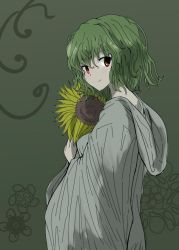 Rule 34 | alternate costume, bad id, bad twitter id, dress, eyebrows, flower, gown, green background, green hair, holding, hood, hood down, kazami yuuka, looking at viewer, oshouyu tabetai, red eyes, simple background, smile, solo, sunflower, touhou