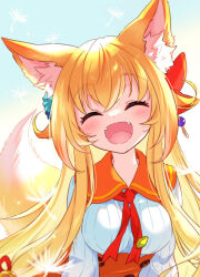 Rule 34 | 1girl, ^ ^, animal ear fluff, animal ears, blonde hair, buttons, closed eyes, dandelion seed, double-breasted, fangs, fox ears, fox girl, fox tail, hair ornament, happy, hisana, light blush, long hair, long sleeves, looking at viewer, open mouth, original, red ribbon, ribbon, sailor collar, shirt, smile, solo, tail, upper body, very long hair, white shirt