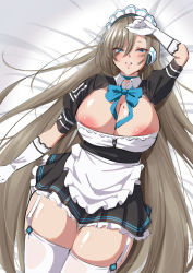 Rule 34 | 1girl, apron, areola slip, asuna (blue archive), bed sheet, between breasts, blue archive, blue eyes, blush, breasts, brown hair, cleavage, curvy, elbow gloves, garter straps, gloves, hand on own head, headgear, highres, large breasts, long hair, maid, maid apron, maid headdress, mole, mole on breast, nanohana (november.), naughty face, necktie, necktie between breasts, nipples, puffy sleeves, ribbon, shiny skin, smile, thick thighs, thigh gap, thighhighs, thighs, white thighhighs