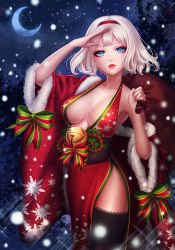 Rule 34 | 1girl, ango, ankkoyom, bad id, bad pixiv id, bell, black thighhighs, blue eyes, bow, breasts, christmas, cleavage, crescent moon, female focus, hairband, halterneck, japanese clothes, kimono, large breasts, lips, looking at viewer, moon, night, no bra, original, parted lips, short hair, side slit, silhouette, snowflakes, solo, sparkle, thighhighs, tree, white hair