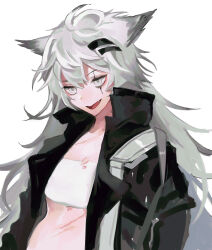 Rule 34 | 1girl, ahoge, arknights, bandeau, black jacket, breasts, dal-gi, fang, grey eyes, grey hair, hair between eyes, hair ornament, hairclip, highres, jacket, lappland (arknights), long sleeves, messy hair, open clothes, open jacket, open mouth, scar, scar across eye, simple background, sketch, small breasts, solo, stomach, upper body, white background, white bandeau