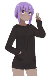 Rule 34 | 1girl, black shirt, breasts, collarbone, cowboy shot, dark-skinned female, dark skin, fate/prototype, fate/prototype: fragments of blue and silver, fate (series), hair between eyes, hand in own hair, hand up, hassan of serenity (fate), i.u.y, long sleeves, purple eyes, purple hair, shirt, sidelocks, sleeves past wrists, small breasts, solo, v