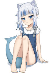 Rule 34 | 1girl, absurdres, animal ear fluff, barefoot, blue eyes, blue hair, blue nails, blue overalls, blunt bangs, blush, breasts, fins, fish tail, gawr gura, gawr gura (casual), grey hair, highres, hololive, hololive english, looking at viewer, medium hair, multicolored hair, nail polish, official alternate costume, overalls, rebelium, shark girl, shark tail, shirt, side ponytail, sidelocks, small breasts, smile, solo, streaked hair, tail, toenail polish, toenails, virtual youtuber, white shirt
