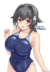 Rule 34 | 1girl, black hair, blue one-piece swimsuit, breasts, cleavage, competition swimsuit, cowboy shot, dated, hair between eyes, hair flaps, hair ornament, hairclip, highres, jingei (kancolle), kantai collection, large breasts, long hair, looking at viewer, low ponytail, montemasa, one-piece swimsuit, open mouth, red eyes, simple background, solo, swimsuit, twitter username, wet, wet clothes, wet swimsuit, whale hair ornament, white background