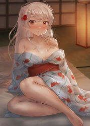 Rule 34 | 1girl, animal print, blush, breasts, brown eyes, conte di cavour (kancolle), grey hair, highres, indoors, japanese clothes, kantai collection, kimono, large breasts, long hair, long sleeves, looking at viewer, obi, official alternate costume, parted lips, sash, solo, tatami, toka (marchlizard), white kimono, wide sleeves