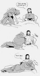 Rule 34 | 2boys, animal ears, bara, bare pectorals, beard, bird ears, cassidy (overwatch), english text, exhausted, facial hair, greyscale, hanzo (overwatch), highres, long hair, male focus, mature male, monochrome, multiple boys, overwatch, overwatch 2, pectorals, ponytail, sequential, short hair, solid circle eyes, sucking male nipple, surprised, thick eyebrows, undressing another, vimeddiee, yaoi