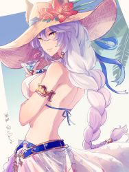 Rule 34 | 1girl, animal ears, armlet, braid, breasts, cat ears, closed mouth, cowboy shot, cup, drinking glass, ears through headwear, erune, flower, from side, granblue fantasy, hair between eyes, hair tubes, hat, hat flower, heles, heles (summer) (granblue fantasy), hibiscus, highres, long hair, looking at viewer, looking to the side, medium breasts, sarong, seba tacrow, silver hair, single braid, smile, solo, straw hat, very long hair, yellow eyes