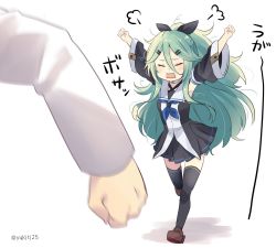 Rule 34 | 1girl, armpits, black thighhighs, clenched hands, closed eyes, commentary request, detached sleeves, green hair, hair between eyes, hair ribbon, kantai collection, long hair, messy hair, open mouth, out of frame, pleated skirt, ribbon, running, skirt, solo focus, thighhighs, twitter username, yamakaze (kancolle), yukichi (eikichi)