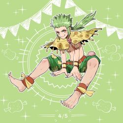 Rule 34 | 1boy, barefoot, bracelet, brown eyes, capelet, fang, fang out, final fantasy, final fantasy vi, floral print, full body, gau, green background, green hair, green shorts, happy birthday, highres, jewelry, looking at viewer, low ponytail, male focus, nnnmmg0725, sharp toenails, short hair with long locks, shorts, sidelocks, sitting, smile, solo, sparkle, toenails, topless male, yellow capelet
