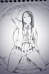 Rule 34 | 1girl, greyscale, kotoyama, monochrome, simple background, skirt, solo, white background