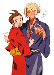 Rule 34 | 2boys, :d, ace attorney, alcohol, apollo justice, beer, black sash, blonde hair, blue kimono, blush, bracelet, brown eyes, brown hair, chain, chain necklace, closed eyes, cowboy shot, cup, dark-skinned male, dark skin, earrings, facial hair, fingernails, food, food on face, from behind, grgrton, grin, hair bun, highres, holding, holding cup, ikayaki, japanese clothes, jewelry, kimono, klavier gavin, looking at viewer, male focus, multiple boys, mustache, necklace, obi, open mouth, red kimono, ring, sash, short hair, simple background, smile, swept bangs, translation request, v-shaped eyebrows, white background, wide-eyed, wide sleeves, yellow sash