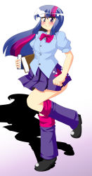 Rule 34 | 1girl, akasode (tyaramu), blush, book, boots, highres, long hair, looking at viewer, multicolored hair, my little pony, my little pony: equestria girls, my little pony: friendship is magic, personification, princess twilight sparkle, puffy short sleeves, puffy sleeves, purple eyes, purple hair, short sleeves, smile, solo, twilight sparkle