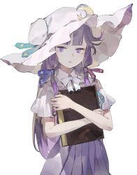 Rule 34 | 1girl, adapted costume, blue ribbon, book, capelet, crescent, crescent pin, dress, expressionless, hair ribbon, hat, highres, holding, holding book, hugging book, hugging object, looking at viewer, parted lips, patchouli knowledge, purple capelet, purple dress, purple eyes, purple hair, purple hat, red ribbon, ribbon, shihou (g-o-s), sidelocks, simple background, solo, standing, touhou, white background
