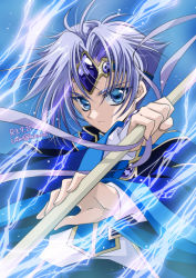 Rule 34 | 1boy, artist name, bishounen, blue background, blue eyes, blue theme, circlet, clef (rayearth), dated, grey hair, holding, holding staff, laki (laki cu), looking at viewer, magic, magic knight rayearth, male focus, parted bangs, rayearth ova, robe, serious, solo, staff, twitter username
