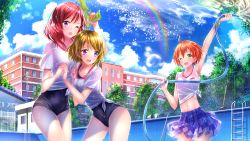 Rule 34 | 10s, 3girls, :d, ;d, ;o, arm up, brown hair, cloud, cloudy sky, collarbone, day, empty pool, holding hands, highres, holding, hose, hoshizora rin, koizumi hanayo, ladder, love live!, love live! school idol project, midriff, multiple girls, navel, nishikino maki, one eye closed, open mouth, outdoors, pool, pool ladder, purple eyes, rainbow, red hair, school, school swimsuit, shirt, short hair, skirt, sky, smile, swimsuit, swimsuit under clothes, swordsouls, tied shirt, water, water gun, wet, wet clothes, wet shirt, wince, wink, yellow eyes