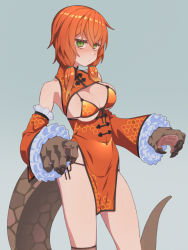 Rule 34 | 1girl, aguila, alternate costume, animal hands, bikini, blush, breasts, china dress, chinese clothes, cleavage, closed mouth, detached sleeves, dress, frilled sleeves, frills, gloves, green eyes, grey background, hair between eyes, hexagon, highres, himokawa udon, looking at viewer, low twintails, medium breasts, orange bikini, orange dress, orange hair, paw gloves, pelvic curtain, side-tie bikini bottom, simple background, solo, swimsuit, tail, twintails, ultra kaijuu gijinka keikaku, ultra series