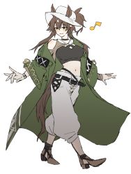 Rule 34 | 1girl, animal ears, arknights, bare shoulders, belt, black belt, black shirt, breasts, brown footwear, brown hair, clothing cutout, coat, crop top, ears through headwear, fedora, flat color, full body, green coat, green eyes, hair between eyes, hat, high heels, highres, horn/wood, large breasts, long hair, long sleeves, meteor (arknights), meteor (bard&#039;s holiday) (arknights), midriff, musical note, navel, official alternate costume, open clothes, open coat, pants, parted lips, ponytail, shirt, shoulder cutout, smile, solo, standing, stomach, tail, white hat, white pants, wide sleeves