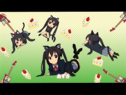 Rule 34 | 1girl, amano kouki, animal ears, black hair, brown eyes, cake, cat ears, cat tail, chibi, food, guitar, instrument, jitome, k-on!, legs up, letterboxed, long hair, looking at viewer, lying, nakano azusa, on stomach, school uniform, sidelocks, solo, tail, twintails, wallpaper