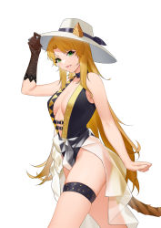Rule 34 | 1girl, absurdres, animal ears, arknights, black choker, black gloves, black one-piece swimsuit, breasts, choker, clothes around waist, cowboy shot, darling0221, ears through headwear, gloves, green eyes, hat, highres, large breasts, long hair, looking at viewer, official alternate costume, one-piece swimsuit, open mouth, orange hair, see-through, see-through shirt, shirt, shirt around waist, sideboob, simple background, single glove, skindentation, solo, standing, sun hat, swimsuit, swire (arknights), tail, thigh strap, tiger ears, tiger girl, tiger tail, very long hair, white background, white hat, white shirt