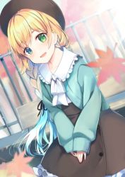 Rule 34 | 1girl, :d, ameshizuku natsuki, autumn leaves, beret, black hat, black skirt, blonde hair, blue hair, blue jacket, blush, braid, collared shirt, commentary request, day, dutch angle, fingernails, frilled shirt collar, frilled skirt, frills, gradient hair, green eyes, hat, jacket, leaf, long hair, long sleeves, looking at viewer, maple leaf, multicolored hair, nail polish, open clothes, open jacket, open mouth, original, outdoors, pink nails, puffy long sleeves, puffy sleeves, railing, shirt, skirt, sleeves past wrists, smile, solo, tree, very long hair, white shirt
