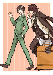 Rule 34 | 2boys, ahoge, animal, black hair, black jacket, black pants, boots, border, brown footwear, brown hair, bungou stray dogs, closed mouth, collared shirt, commentary request, edgar allan poe (bungou stray dogs), formal, green jacket, green pants, hand in pocket, hand up, highres, holding, holding suitcase, jacket, jacket on shoulders, long sleeves, male focus, multiple boys, mushitarou oguri (bungou stray dogs), neckerchief, norimizu, open mouth, pants, raccoon, shirt, shoes, short hair, simple background, smile, suit, suitcase, swept bangs, vest, white border, white neckerchief, white shirt, yellow eyes