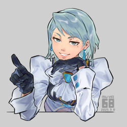 1girl ace_attorney ascot black_gloves blue_gemstone commentary_request dated earrings franziska_von_karma gem gloves grey_background grey_hair highres jewelry looking_at_viewer medium_hair mole mole_under_eye pointing simple_background sitting skyloop19 smile solo white_ascot