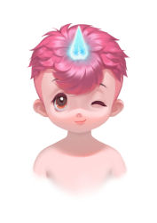 Rule 34 | 1boy, ;), absurdres, bad id, bad pixiv id, eyelashes, glowing horns, highres, horns, looking at viewer, male focus, one eye closed, personification, pink hair, qian (ovira), red eyes, shiny skin, simple background, single horn, smile, solo, undercut, unico, unico (character), white background