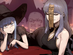 Rule 34 | 2girls, :|, arm support, bare shoulders, black dress, blue eyes, blue hair, breasts, candle, candy, china dress, chinese clothes, cleavage, cleavage cutout, closed mouth, clothing cutout, commentary, cross, dress, earrings, closed eyes, food, gogalking, halloween, halloween costume, hat, holding, holding candy, holding food, holding lollipop, inverted cross, jewelry, jitome, junior (gogalking), large breasts, lollipop, long hair, lying, multiple girls, ofelia (gogalking), ofuda, on side, original, sideboob, smile, tombstone, witch hat