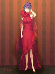 Rule 34 | 1girl, absurdres, alternate costume, alternate hair length, alternate hairstyle, artist name, breasts, commentary request, dress, full body, glasses, hand in own hair, highres, indoors, kamishiro rize, kazamidori haruka, large breasts, long dress, looking at viewer, purple hair, red dress, red eyes, red footwear, see-through, see-through dress, shoes, short hair, sleeveless, sleeveless dress, smile, solo, tokyo ghoul