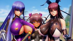 Rule 34 | 3d, 3girls, absurdres, action taimanin, akiyama rinko, blue hair, blue sky, bodysuit, breast envy, breasts, brown hair, cleavage cutout, clothing cutout, hair ribbon, highres, holding, holding sword, holding weapon, huge breasts, leotard, long hair, looking at breasts, looking at viewer, loppybun, medium breasts, mizuki shiranui, mizuki yukikaze, mother and daughter, multiple girls, pink eyes, red eyes, ribbon, shiny clothes, skin tight, sky, standing, sword, taimanin (series), taimanin rpgx, taimanin suit, taimanin yukikaze, twintails, upper body, very long hair, weapon