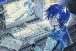 Rule 34 | 1boy, black headphones, blue eyes, blue hair, blue nails, blue scarf, book, character doll, chinese commentary, coat, commentary, computer, dark background, desk, drawer, expressionless, hand up, highres, indoors, kaito (vocaloid), keyboard (computer), light blush, looking back, male focus, microphone, mnkurooo, monitor, mouse (computer), night, on chair, on computer, open drawer, paper, recursion, scarf, short hair, sitting, sleeve cuffs, snow globe, solo, sticky note, upper body, vocaloid, white coat