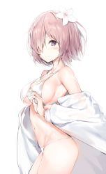 Rule 34 | 1girl, alternate costume, bare shoulders, bikini, blush, breasts, cleavage, closed mouth, collarbone, commentary request, fate/grand order, fate (series), flower, hair flower, hair ornament, hair over one eye, hairclip, hand up, highres, jacket, large breasts, long sleeves, looking at viewer, looking to the side, mash kyrielight, navel, off shoulder, pink hair, purple eyes, short hair, silver (chenwen), simple background, smile, solo, swimsuit, white background, white bikini, white flower, white jacket