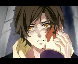 Rule 34 | 1boy, banagher links, blood, blood on face, brown eyes, brown hair, gundam, gundam unicorn, hand on another&#039;s face, hood, hoodie, isee77630, jacket, letterboxed, male focus, short hair, solo focus