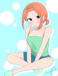 Rule 34 | 1girl, ankle socks, bare arms, bare shoulders, between legs, blue background, blue eyes, blue shorts, blush, breasts, camisole, cleavage, commentary request, eyebrows hidden by hair, food, food in mouth, full body, go-toubun no hanayome, green camisole, green socks, hair ornament, hairclip, hand between legs, highres, kujou karasuma, looking at viewer, low ponytail, nakano yotsuba, no shoes, orange hair, ponytail, popsicle, short shorts, shorts, sidelocks, signature, sitting, socks, solo