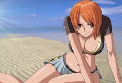 Rule 34 | 1girl, beach, breasts, cleavage, enies lobby, frown, lying, midriff, nami (one piece), on side, one piece, orange hair, red eyes, sand, short hair, skirt, solo