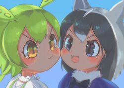 Rule 34 | 2girls, :3, animal ears, blue background, blush, bow, bowtie, cheek-to-cheek, close-up, commentary, common raccoon (kemono friends), fur collar, green hair, green suspenders, grey eyes, grey hair, hair between eyes, heads together, highres, kemono friends, multiple girls, open mouth, orange eyes, osnmykk, parted lips, raccoon ears, raccoon girl, shaded face, sidelocks, tears, trait connection, v-shaped eyebrows, voicevox, zundamon