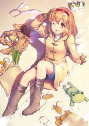 Rule 34 | 1girl, angel wings, animal ears, arm support, backpack, bag, baozi, blue shorts, boots, brown bag, brown footwear, brown gloves, brown hair, brown scarf, coat, commentary, drop shadow, dutch angle, eyelashes, fake animal ears, food, from above, frown, full body, gloves, hairband, hand on own head, hand up, highres, hood, hood down, jam, kanon, keropii, knees up, long sleeves, looking at viewer, lying, medium hair, mittens, nyan c, on back, one eye closed, open mouth, plaid, plaid scarf, rabbit ears, red eyes, red hairband, scarf, shorts, snow, snow on head, snow rabbit, solo, spring onion, straight hair, taiyaki, tears, tsukimiya ayu, unworn scarf, wagashi, white wings, wings, winter, yellow coat