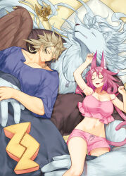 Rule 34 | 1girl, 2boys, absurdres, animal ears, bird, breasts, commentary request, crop top, dog tags, duel monster, fang, fingernails, furry, furry male, grey hair, hand on another&#039;s hand, highres, large breasts, light brown hair, long fingernails, long hair, lying, lying on person, midriff, multiple boys, navel, non-humanoid robot, on back, pillow, pink hair, pink shorts, pink tail, robot, robot animal, saliva, shared blanket, shorts, sleeping, tail, tri-brigade ferrijit the barren blossom, tri-brigade mercourier, tri-brigade rugal the silver sheller, tri-brigade shuraig the ominous omen, vulture (washizu0808), wings, yu-gi-oh!