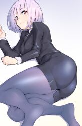 Rule 34 | 1girl, ass, breasts, business suit, formal, gridman universe, highres, hori shin, large breasts, leggings, light purple hair, looking at viewer, medium breasts, red eyes, shinjou akane, short hair, smile, solo, ssss.gridman, suit, thick thighs, thighs