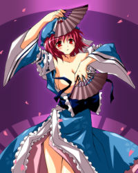 Rule 34 | 1girl, blue hat, breasts, dress, dual wielding, female focus, folding fan, gradient background, hand fan, hat, holding, japanese clothes, large breasts, mob cap, petenshi (dr. vermilion), pink hair, red eyes, saigyouji yuyuko, short hair, solo, touhou, wardrobe malfunction