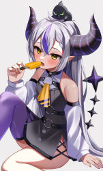 Rule 34 | 1girl, absurdres, ahoge, bare shoulders, black dress, blush, braid, commentary request, crow (la+ darknesss), demon horns, detached sleeves, dress, eating, fang, food, highres, holding, holding food, hololive, horns, la+ darknesss, long hair, long sleeves, moonbell, multicolored hair, open mouth, pointy ears, popsicle, purple hair, purple thighhighs, silver hair, single thighhigh, sitting, skin fang, solo, streaked hair, tail, tail raised, thighhighs, very long hair, virtual youtuber, yellow eyes