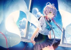 Rule 34 | 1girl, aqua bow, black sailor collar, black skirt, blue sky, bow, bowtie, closed mouth, cloud, cloudy sky, collarbone, curtains, day, green eyes, hair ribbon, long hair, looking at viewer, low twintails, luo tianyi, pleated skirt, ribbon, sailor collar, school uniform, serafuku, shirt, short sleeves, silver hair, skirt, sky, smile, solo, string, tidsean, twintails, very long hair, vocaloid, vocanese, white shirt, window